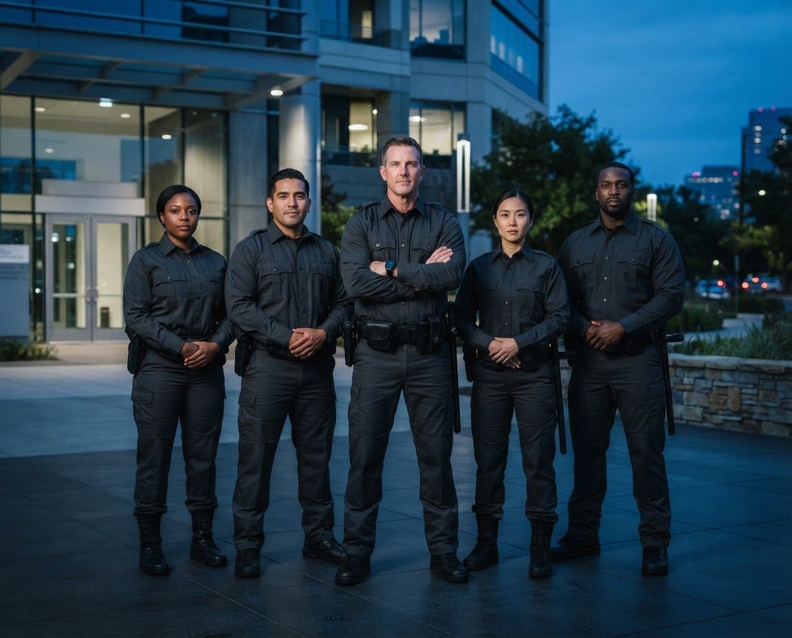 Triumph security officers in uniform standing in front of an office building at dusk