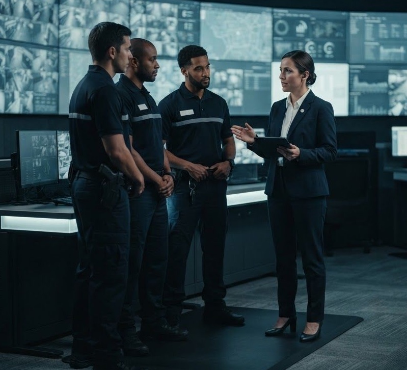 Triumph officers and a supervisor reviewing a tablet in a monitoring center