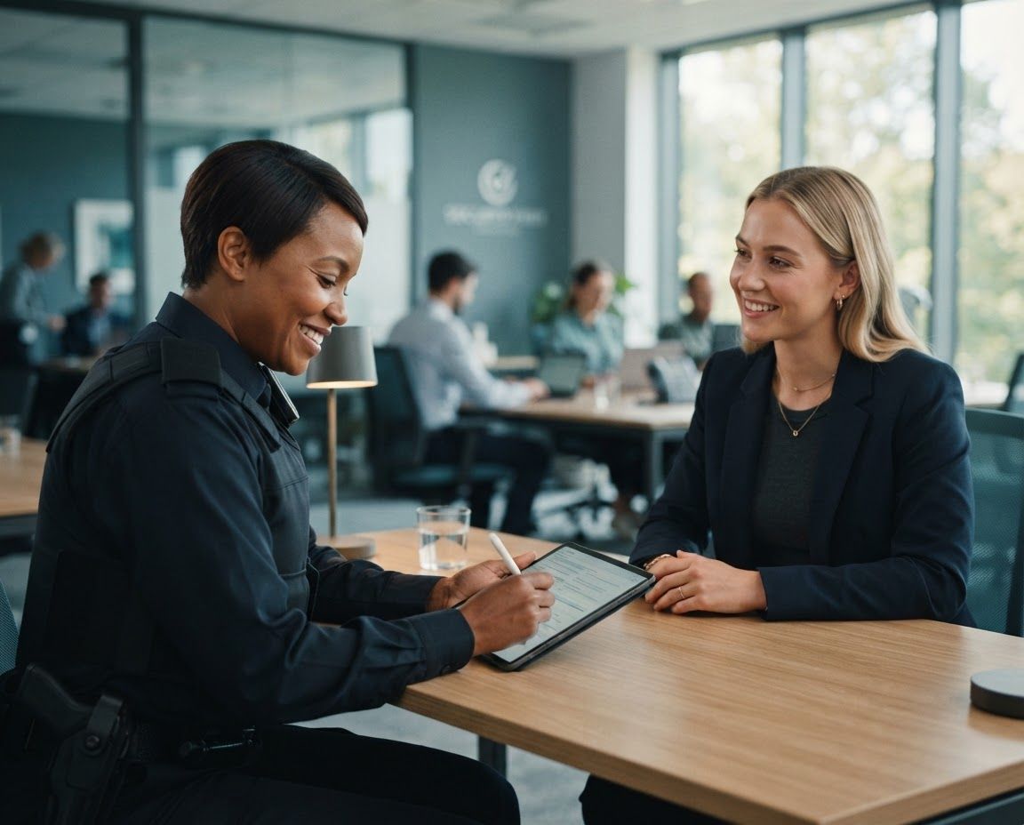 Security officer completing an application with a recruiter at a table