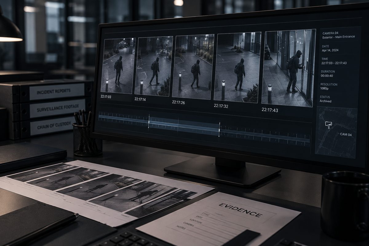 Monitor showing timestamped incident clips next to printed evidence