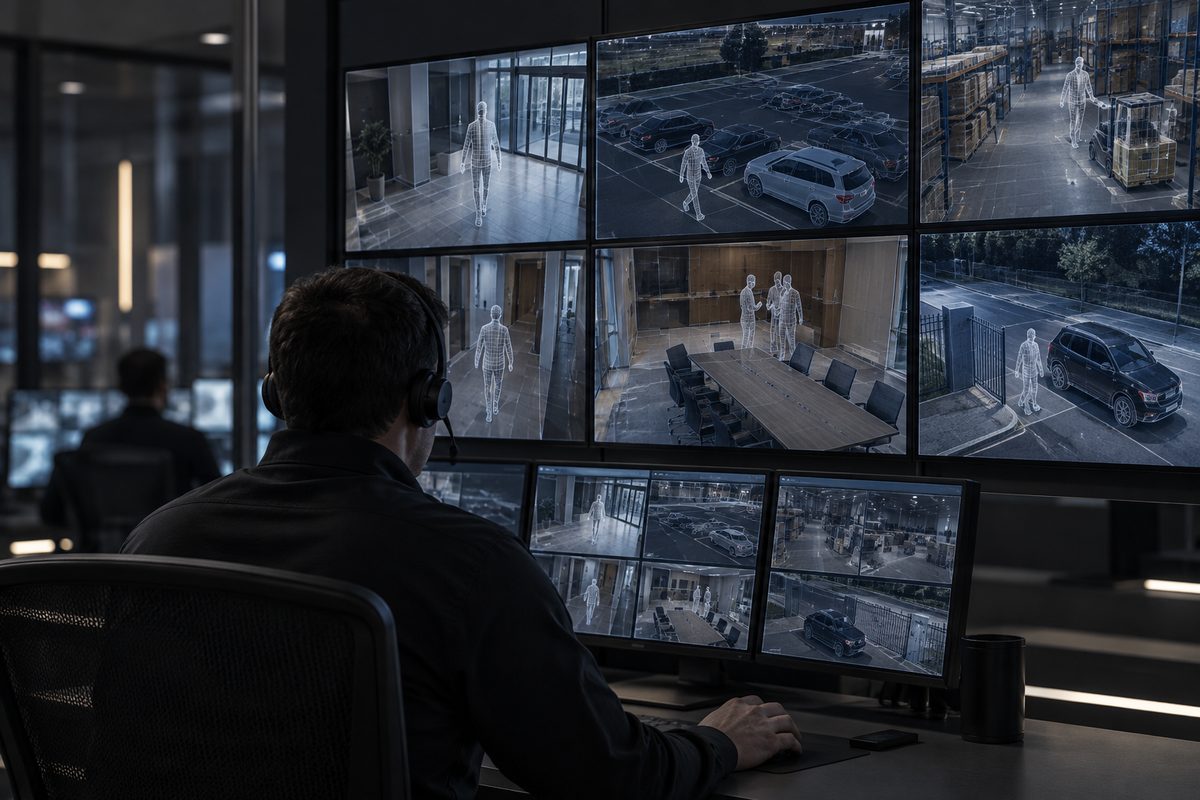 Operator watching live camera feeds in a monitoring centre