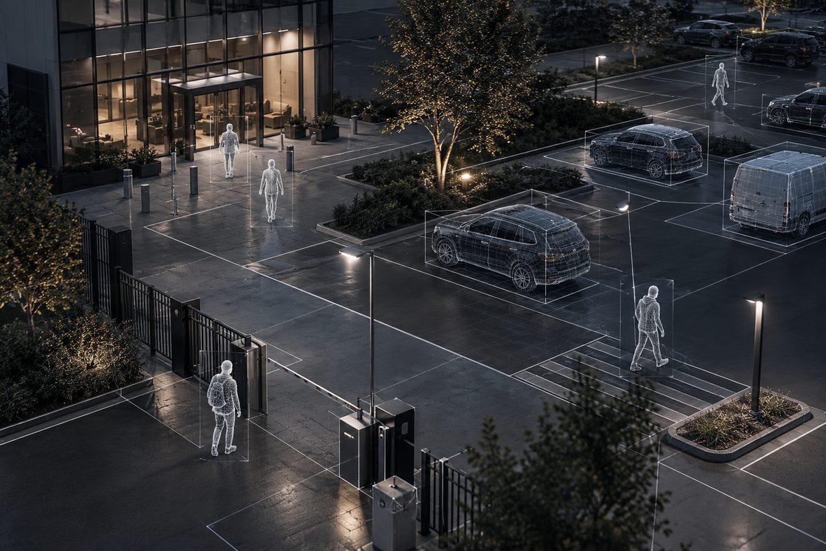Analytics overlay outlining people and vehicles at a building entrance