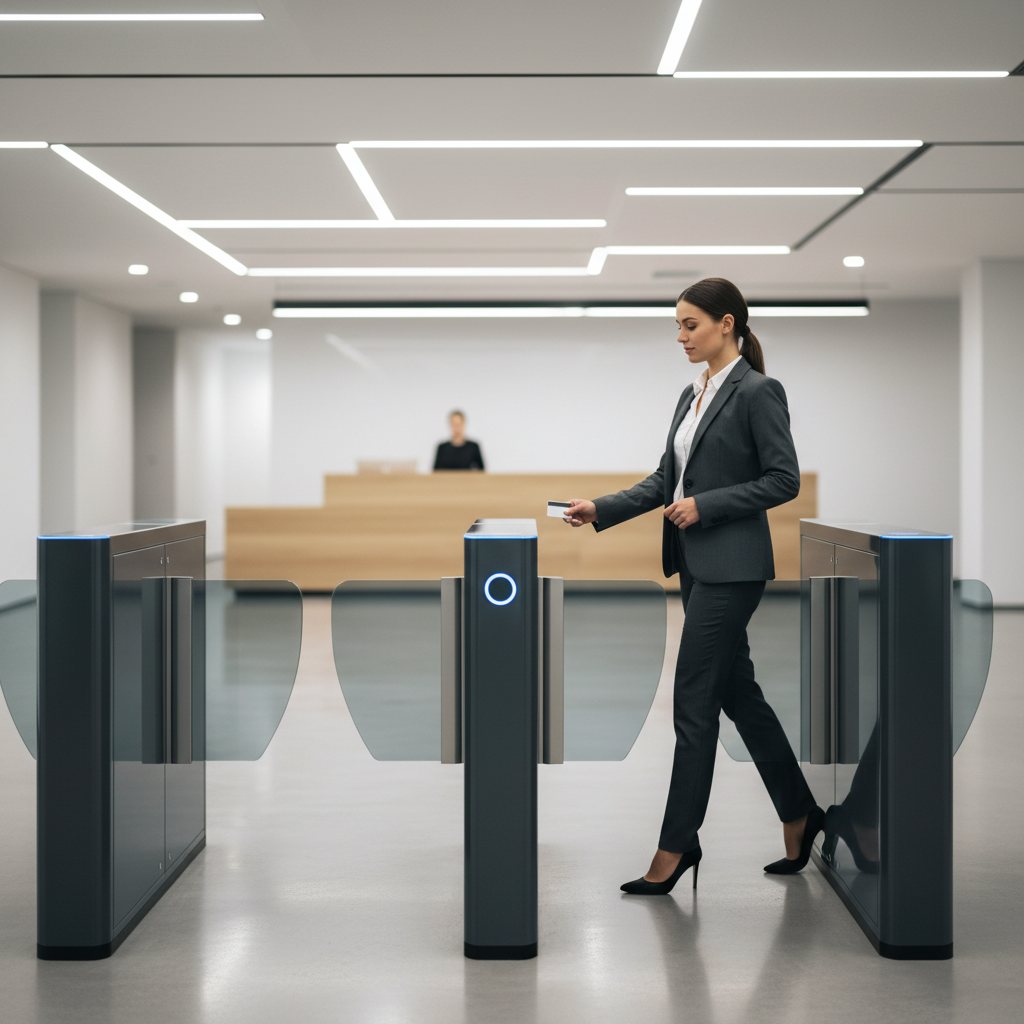 Employee passing through security turnstiles in an office lobby