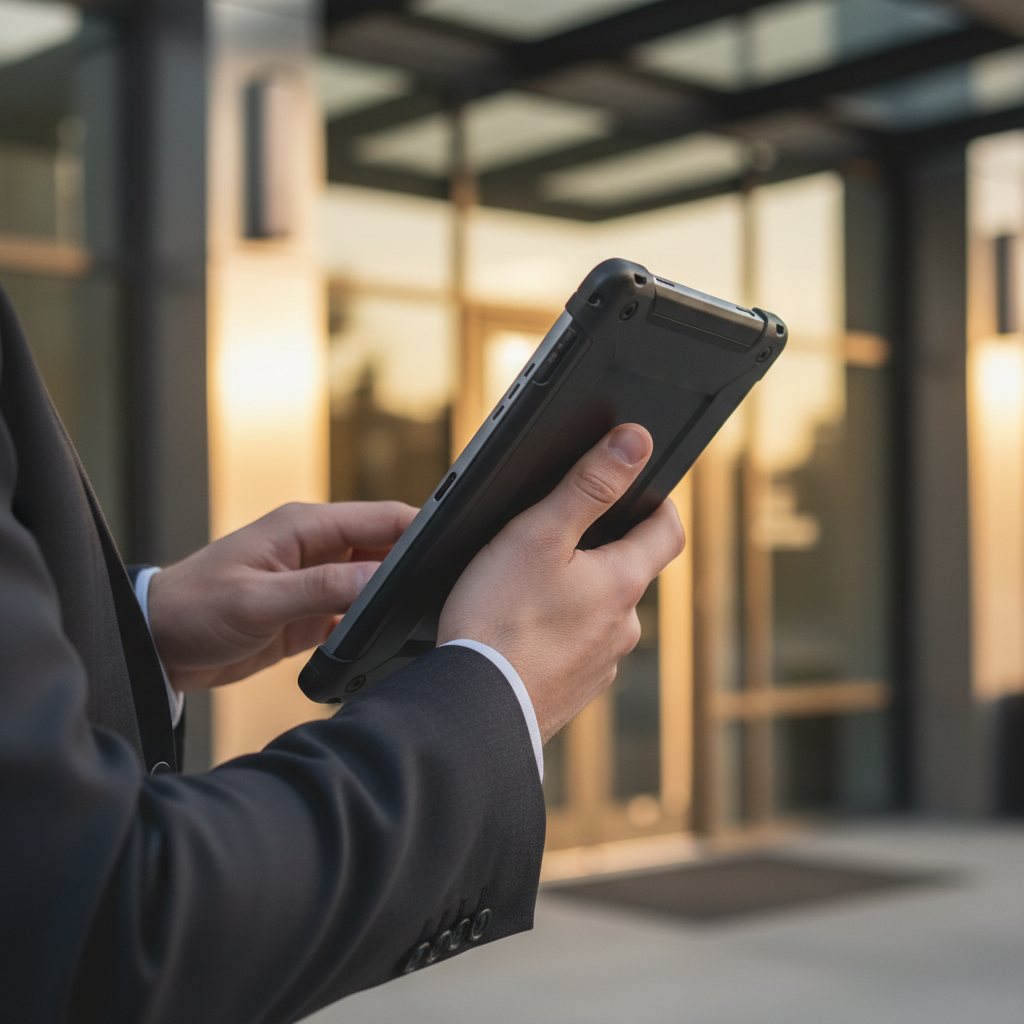 Hands holding a tablet outside an office entrance