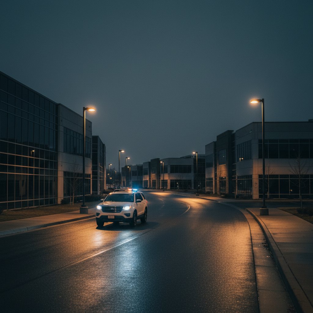 Patrol vehicle driving through an office park at night