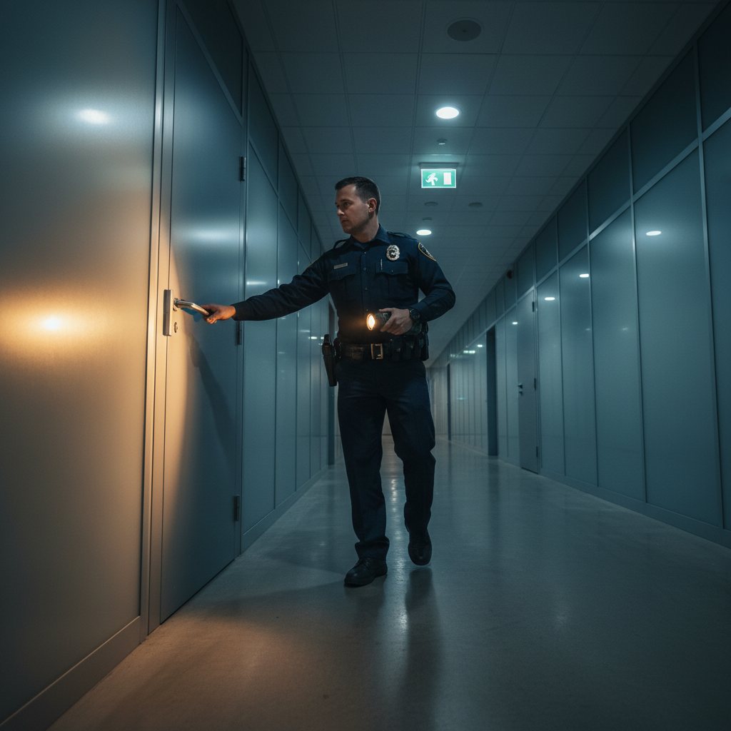 Patrol officer checking a door in a dark office corridor with a flashlight