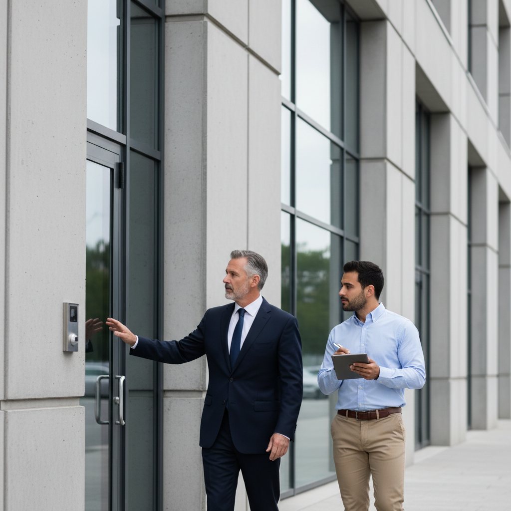 Security manager walking a client through a building entrance