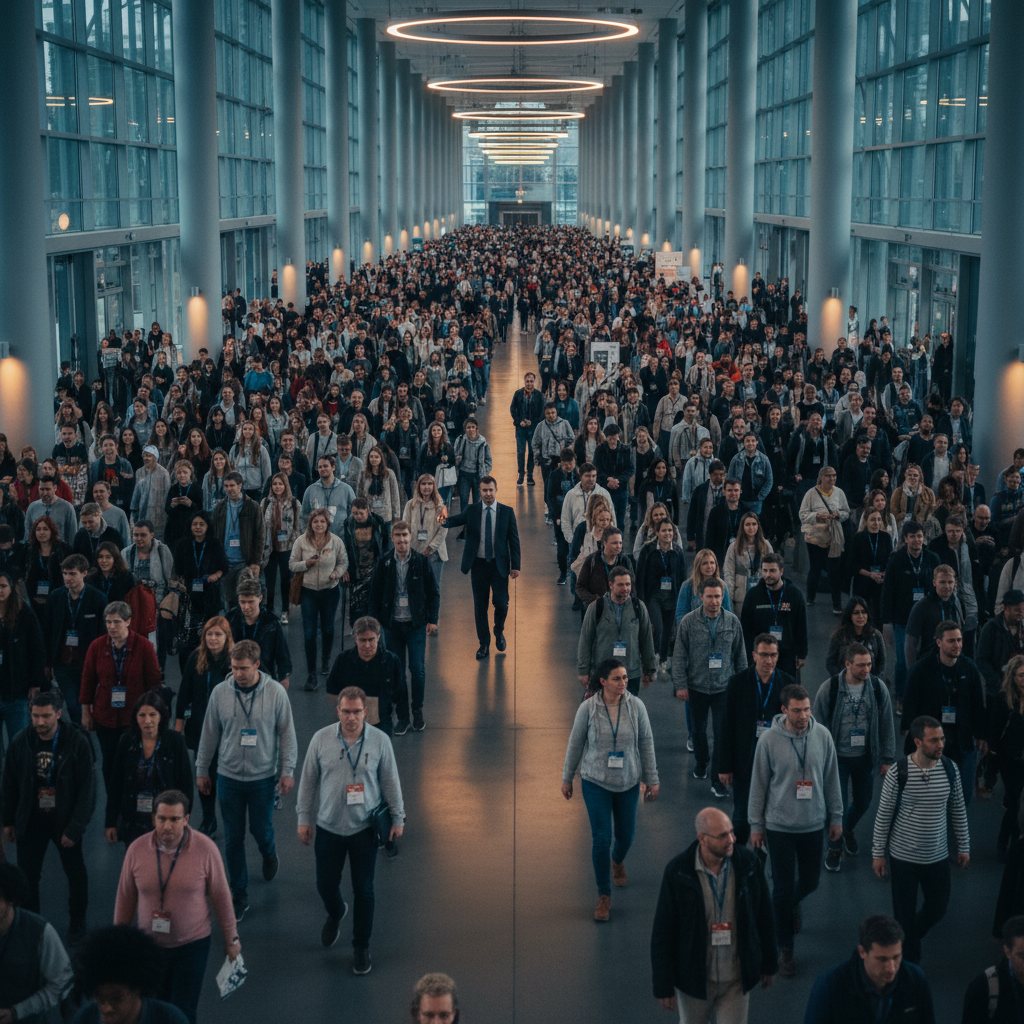 Large crowd moving through a convention hall