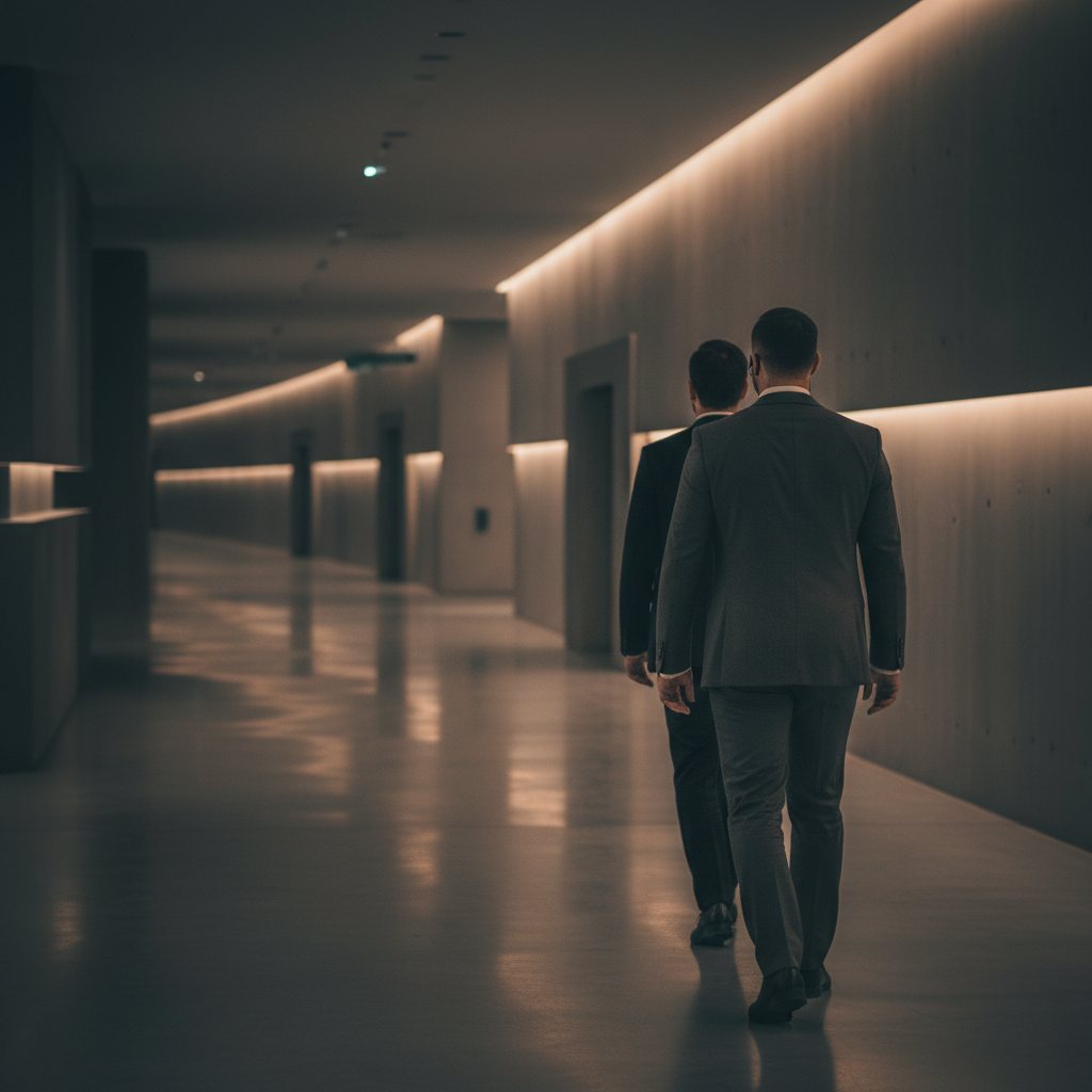 Security agent walking down a dimly lit venue corridor