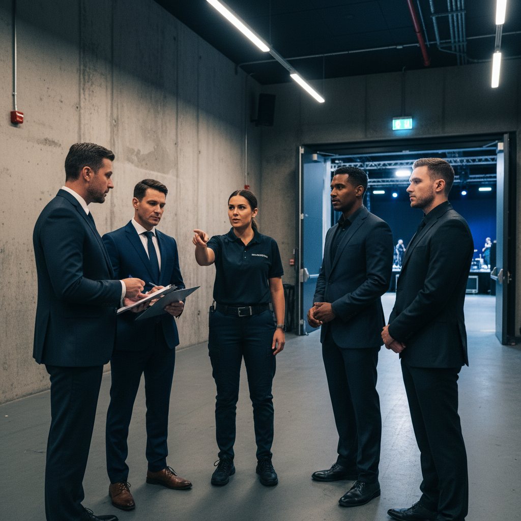 Event security team being briefed backstage