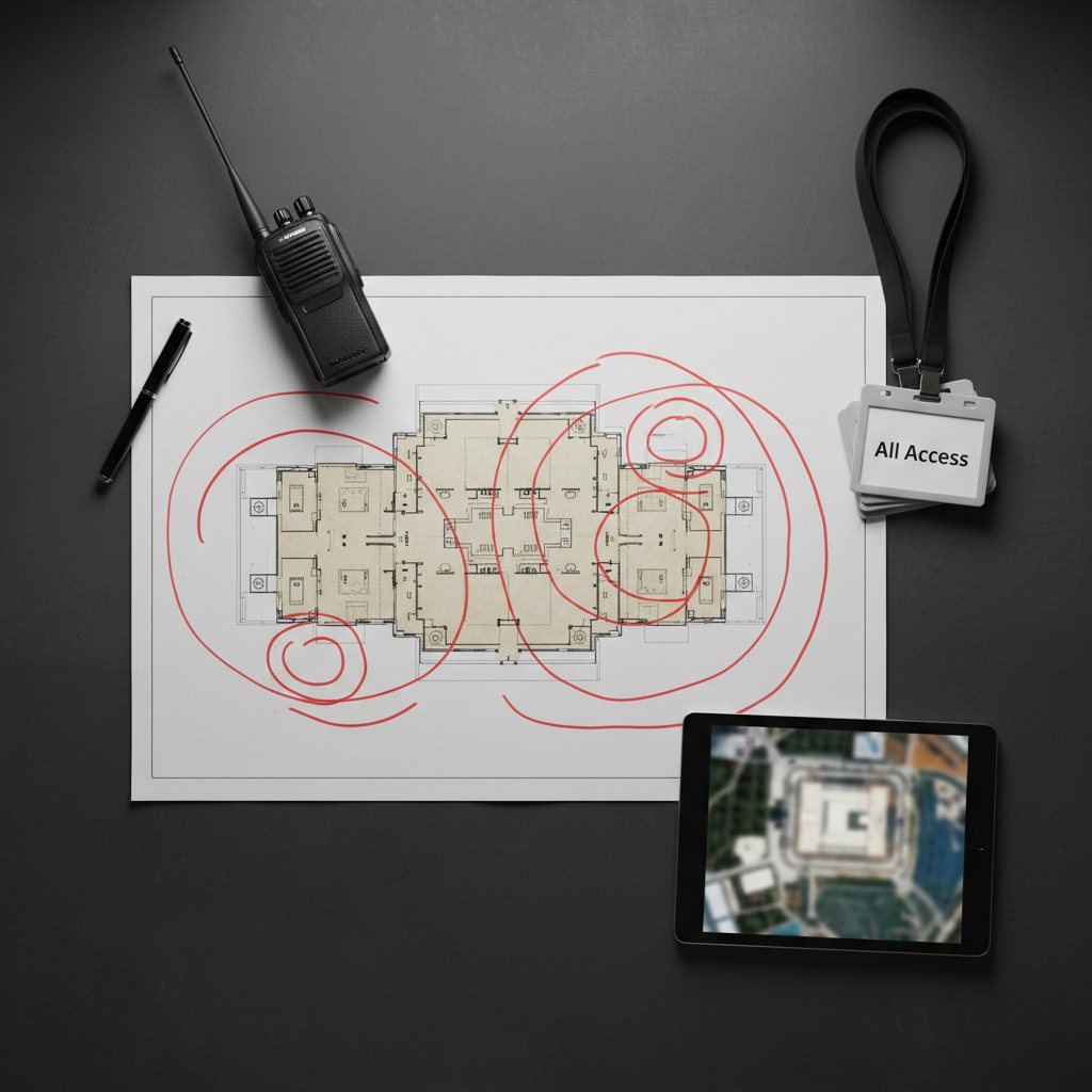 Venue floor plan with marked routes, a radio and an access badge on a table