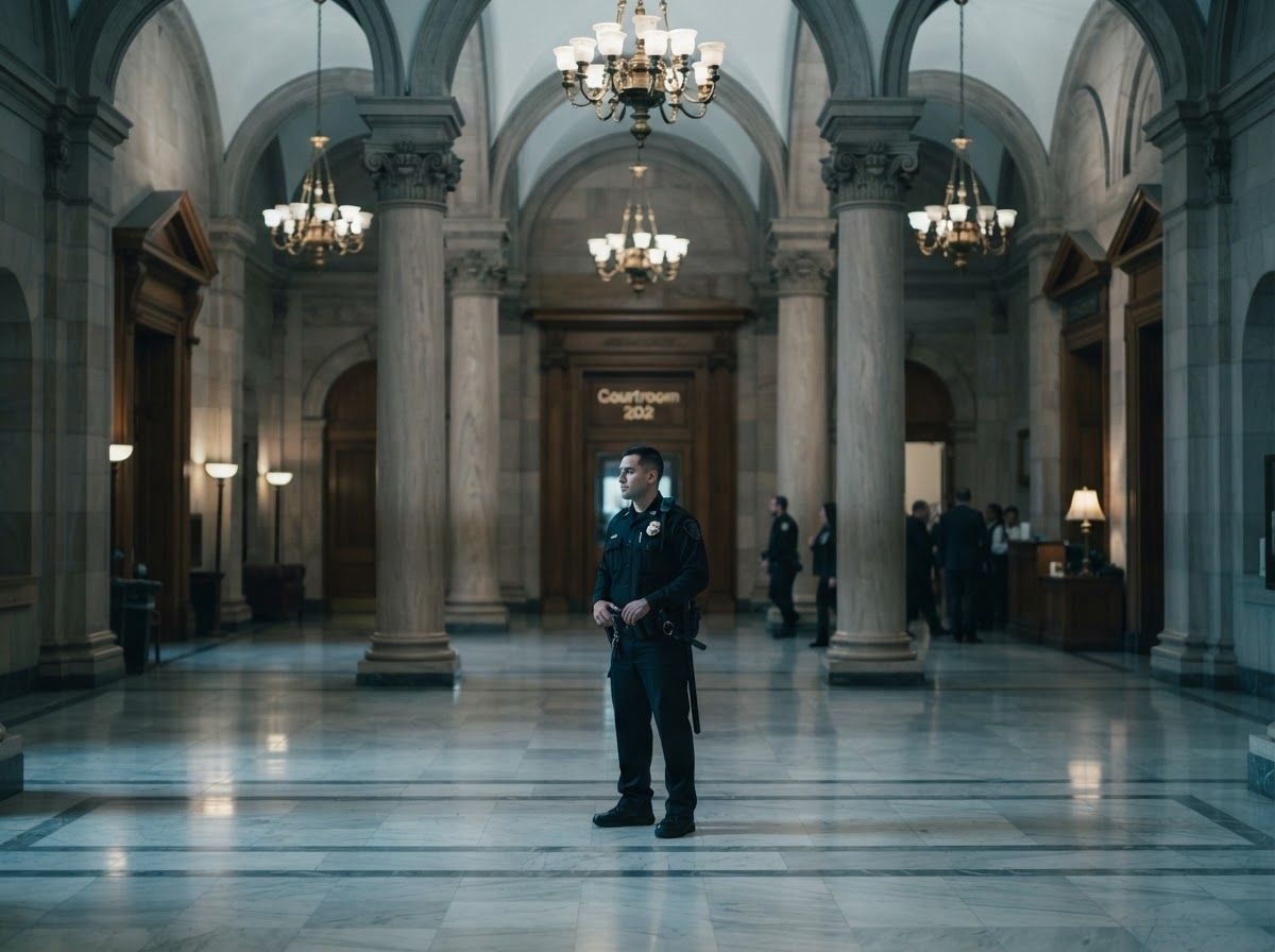 Officer standing in the marble hall of a courthouse