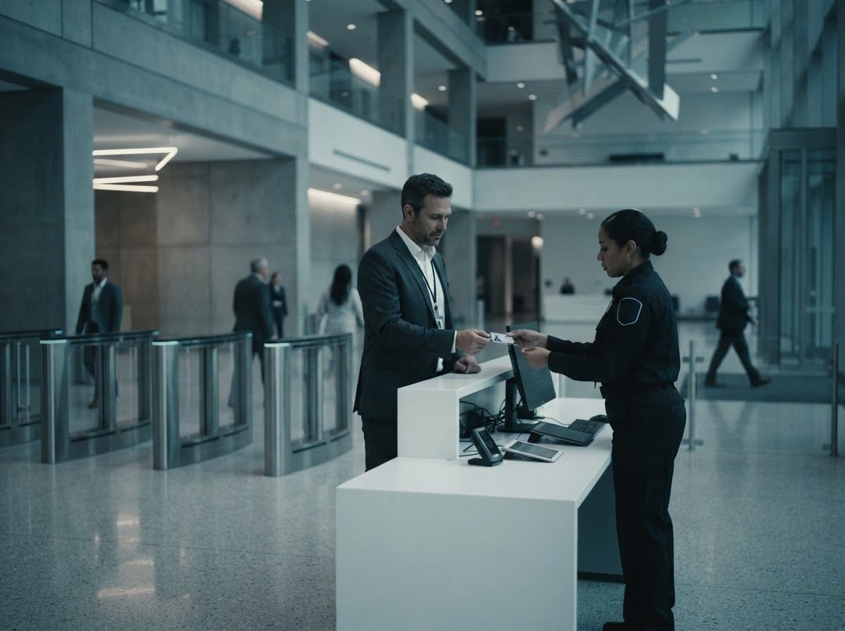 Officer checking credentials at a building screening desk