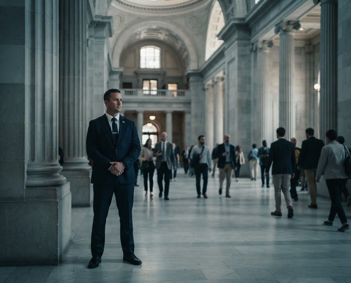 Officer standing in a busy government building hall