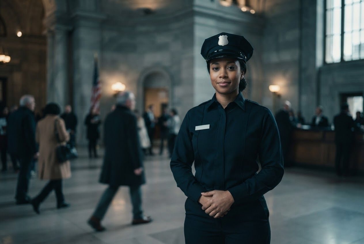 Uniformed officer in a government building lobby
