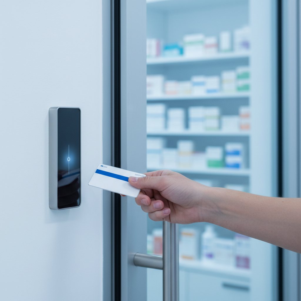 Key card held to an access reader at a pharmacy door