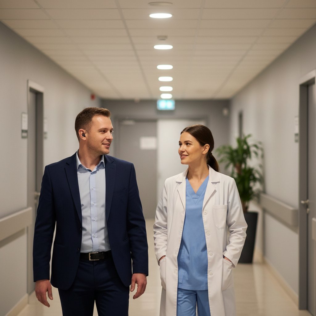 Security officer talking with a doctor in a hospital hallway