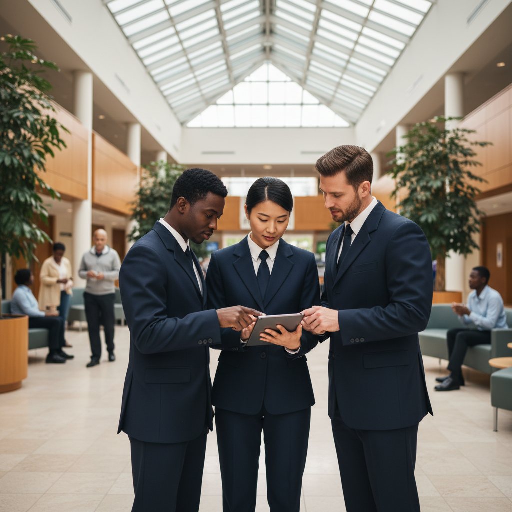 Three security team members reviewing a tablet in a hospital atrium