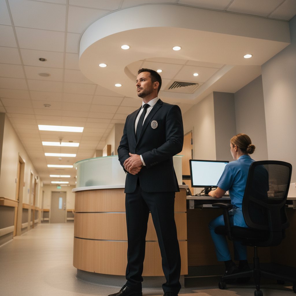 Security officer standing at a hospital reception desk