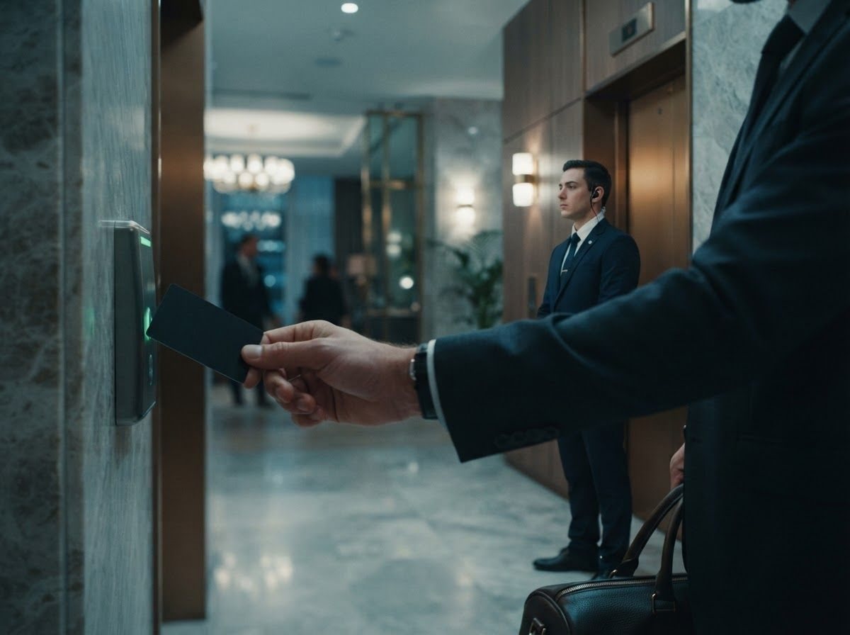 Key card held to a reader at a hotel elevator