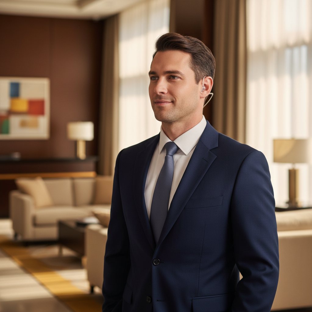 Hotel security officer in a suit standing in a guest suite