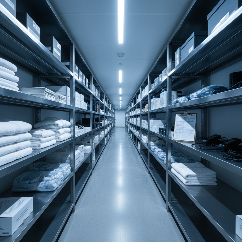 Hotel linen storage room with stacked towels on shelves