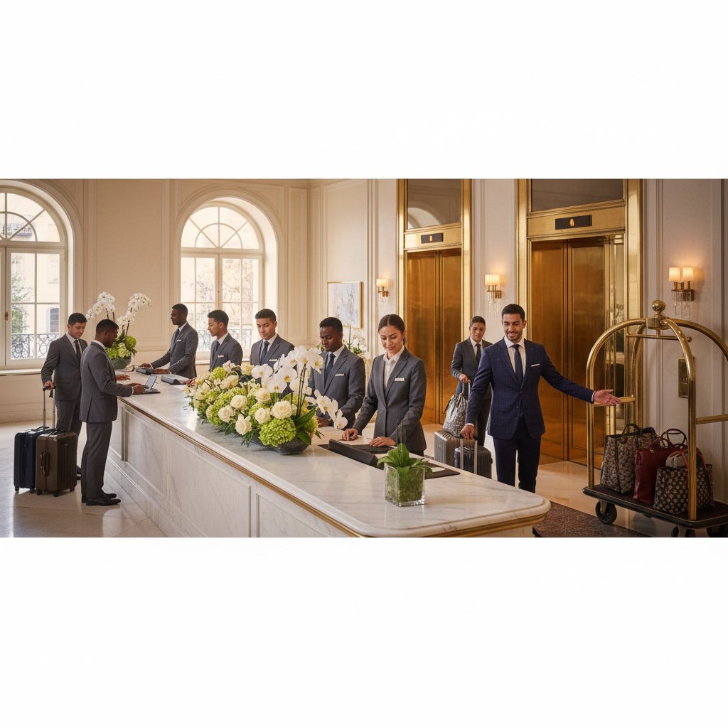 Hotel team assisting guests with luggage at the front desk