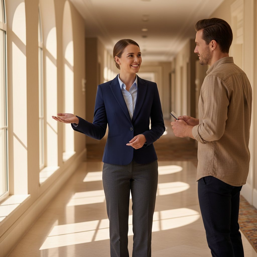 Hotel staff member greeting a guest in a sunlit corridor