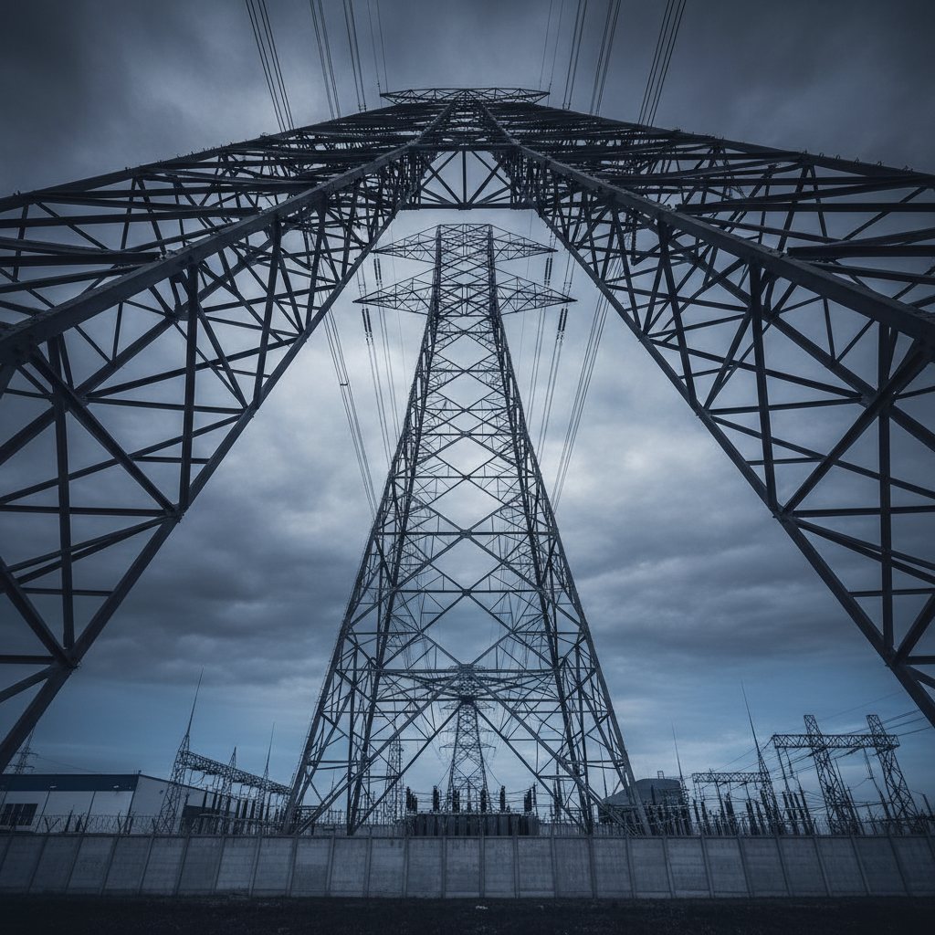Electricity transmission tower seen from below