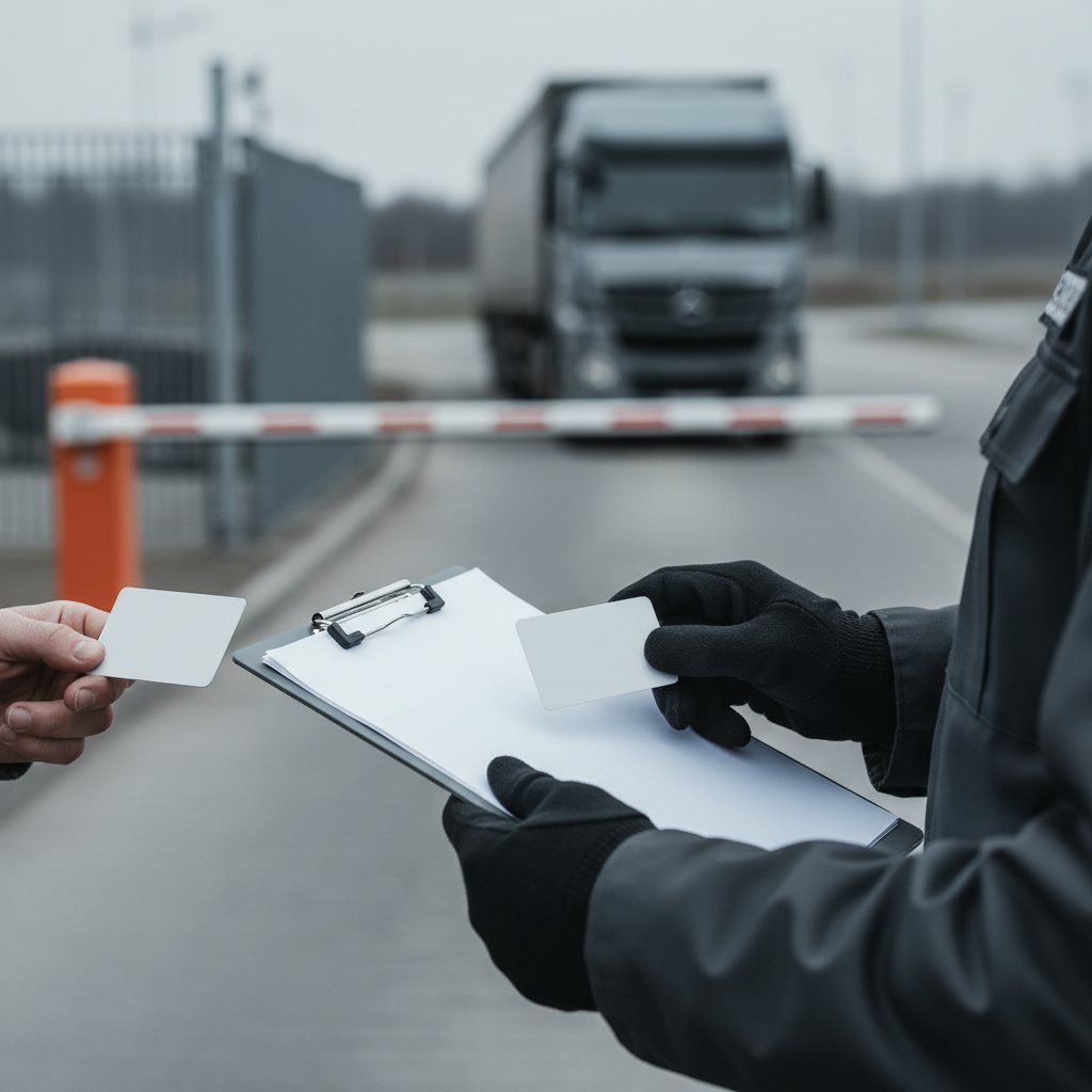 Officer checking a driver manifest at a truck gate