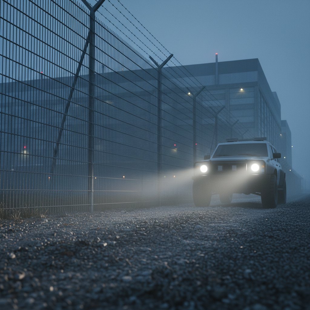 Patrol vehicle driving along a security fence at dusk