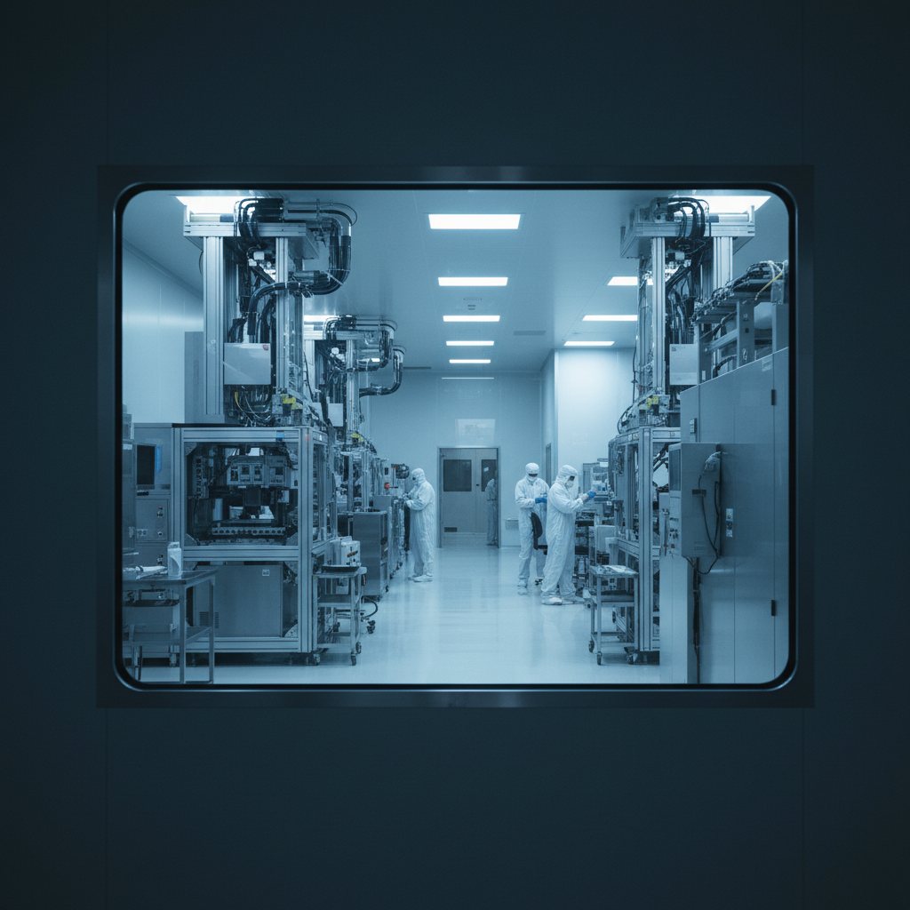 Clean-room production line seen through an observation window