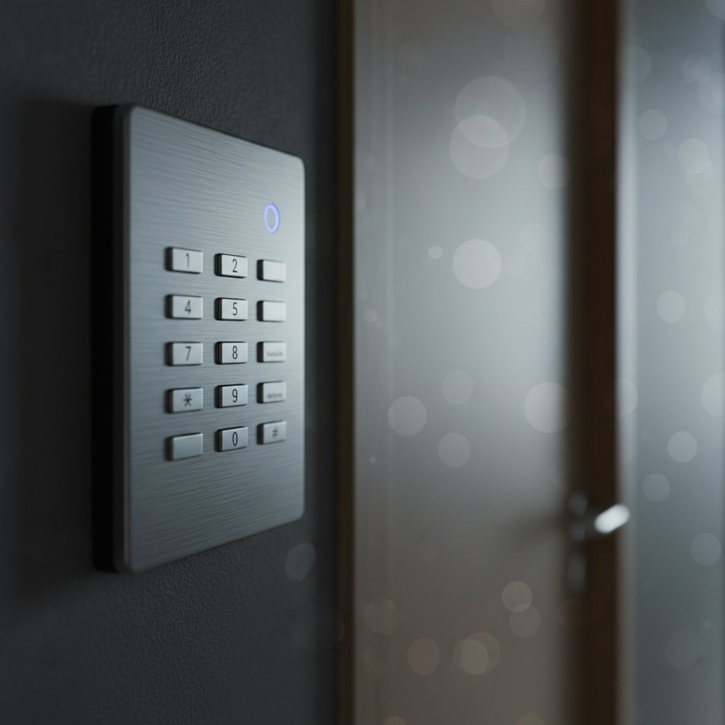 Alarm keypad mounted beside a front door
