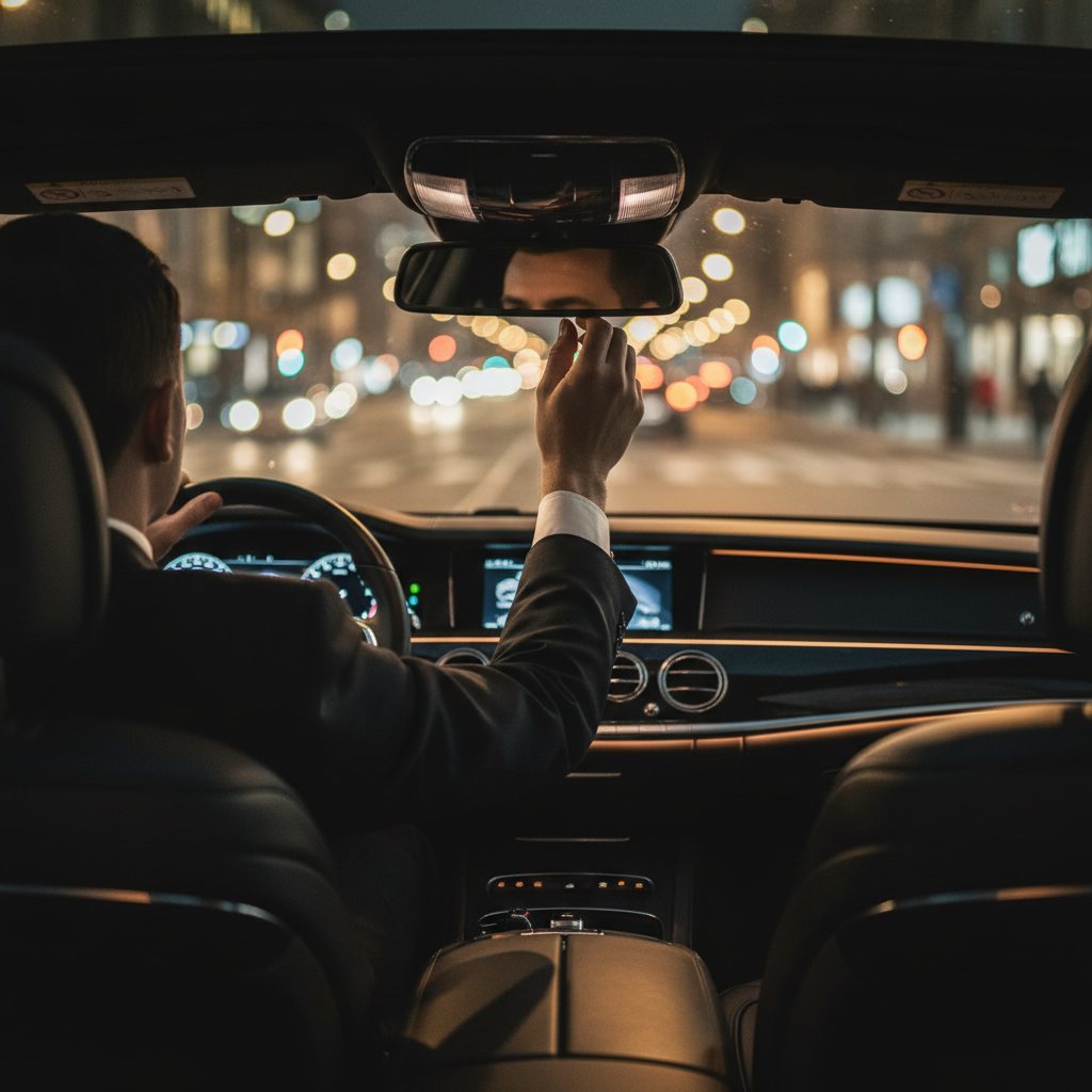 Driver at the wheel of a car on a city street at night