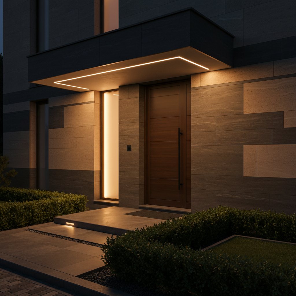 Front entrance of a modern house lit at night