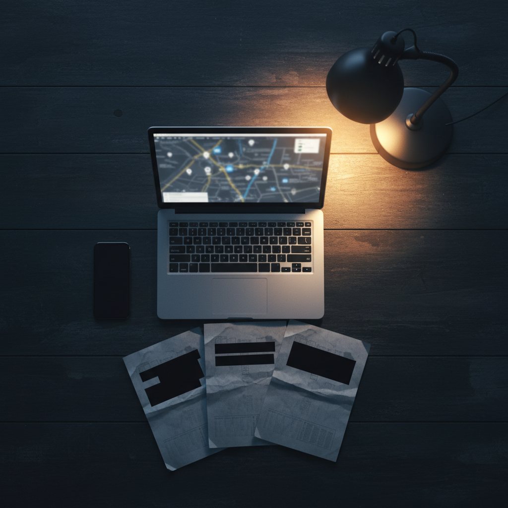 Laptop showing a location map on a dark desk