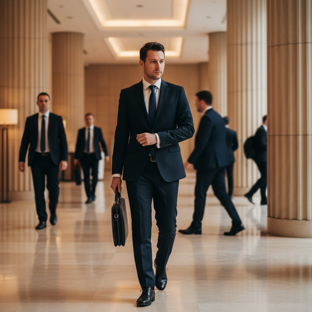 Executive in a suit walking through a lobby with discreet agents nearby