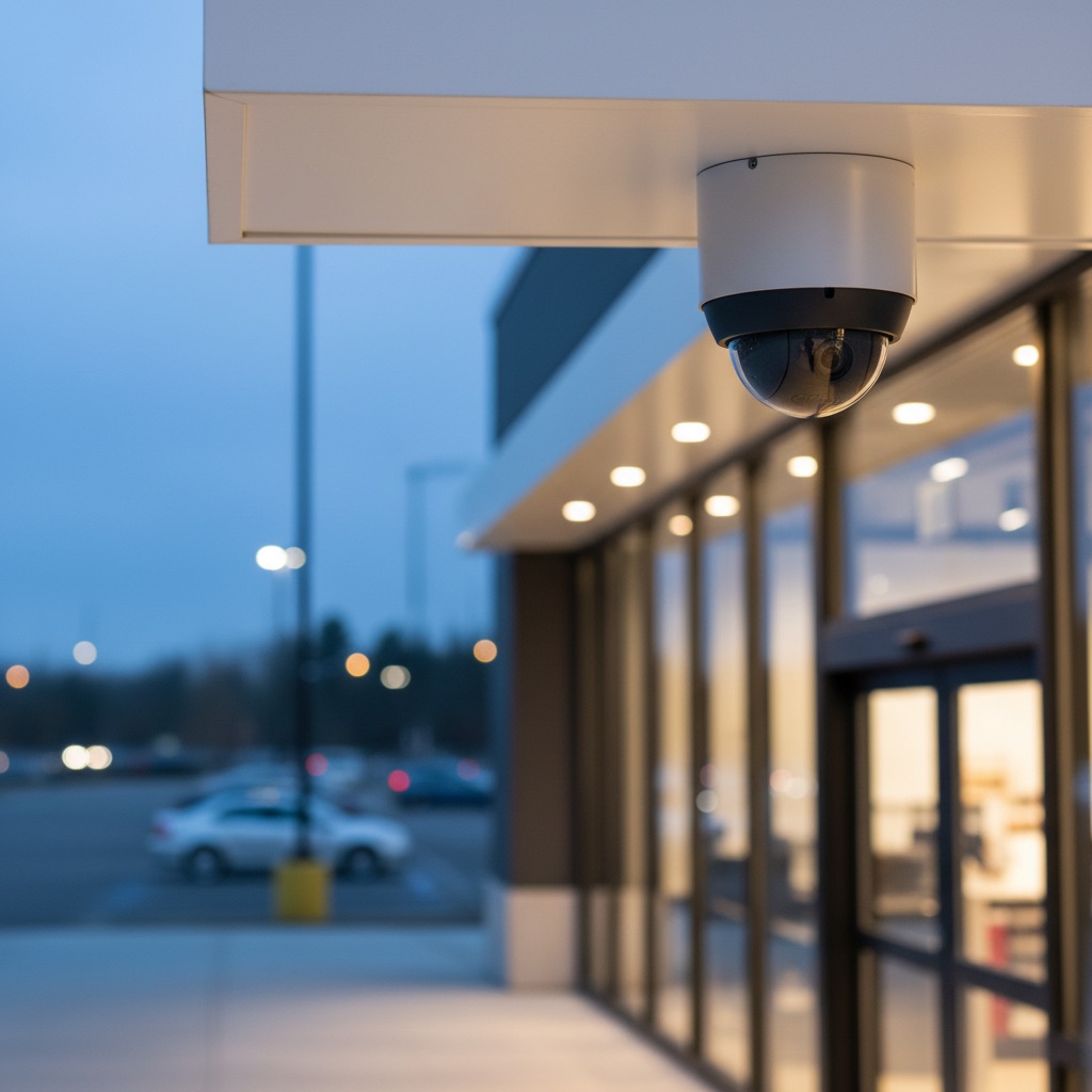 Security camera mounted above a storefront at dusk