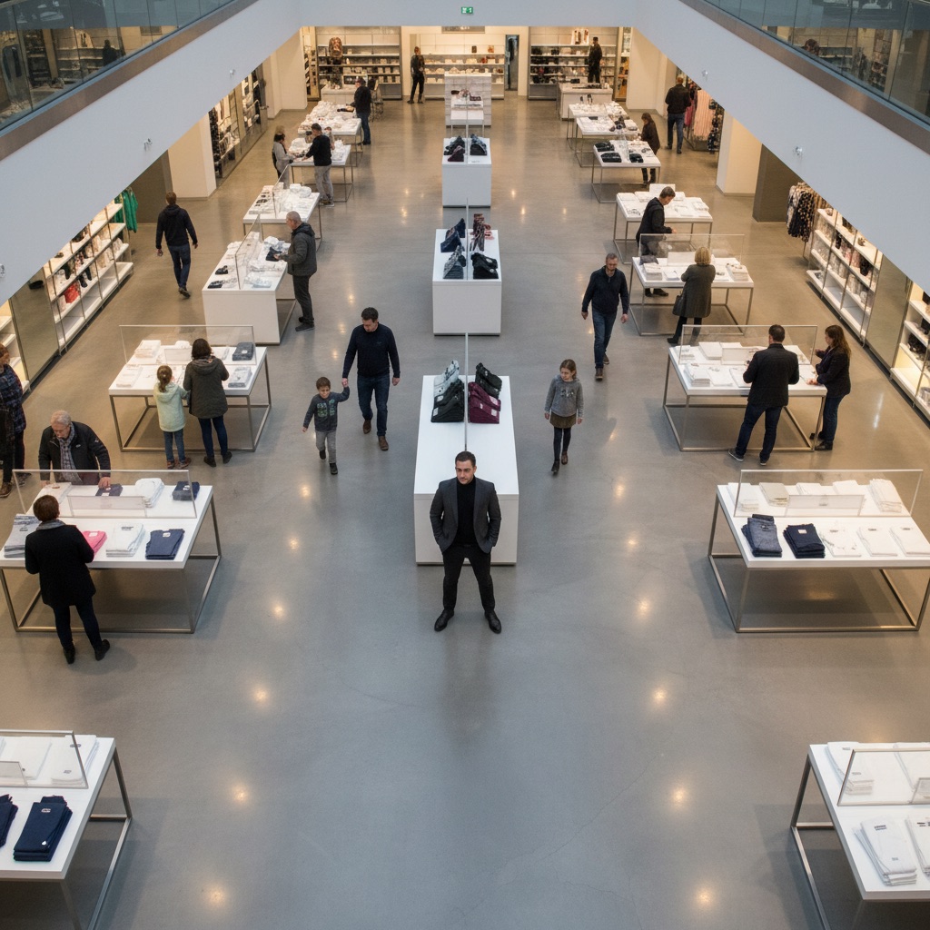 Overhead view of shoppers moving through a busy store floor
