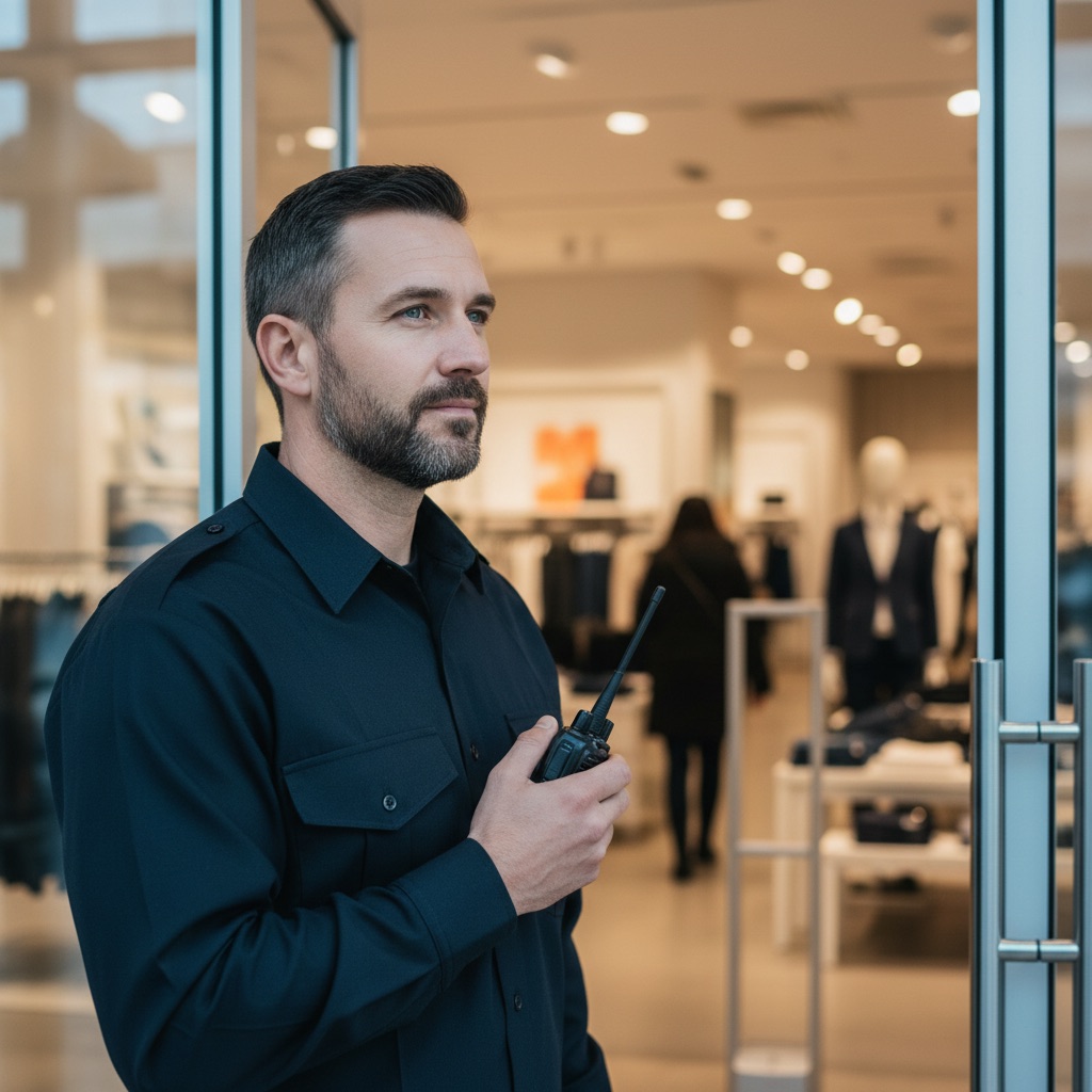 Uniformed security officer with a radio inside a clothing store