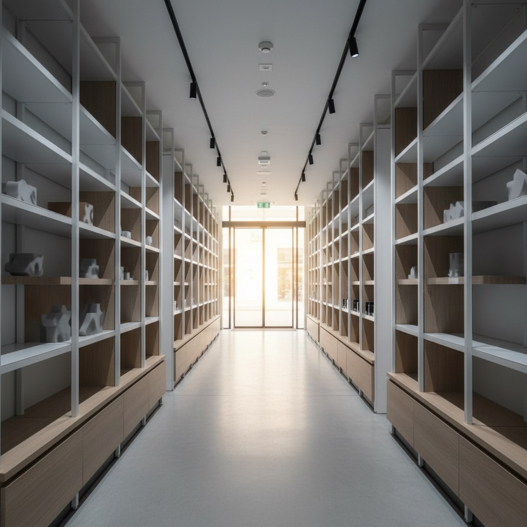 Long aisle of empty shelves in a retail stockroom
