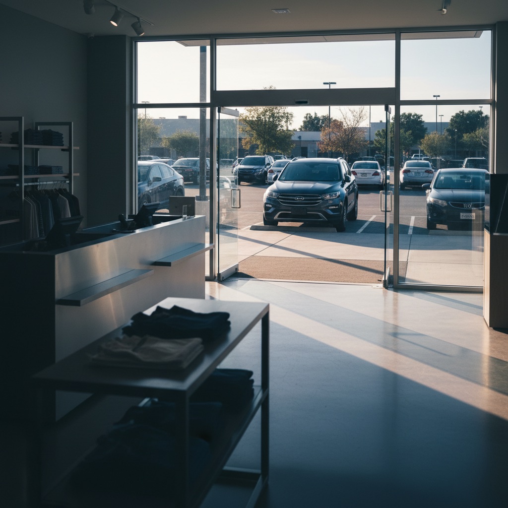 Store entrance looking out onto a parking lot with cars
