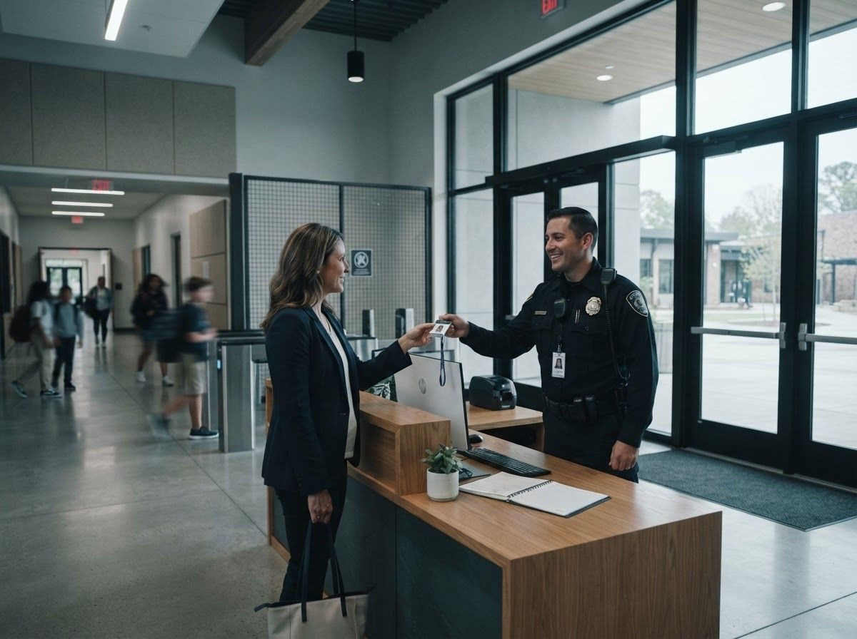 Officer checking in a visitor at a school front desk