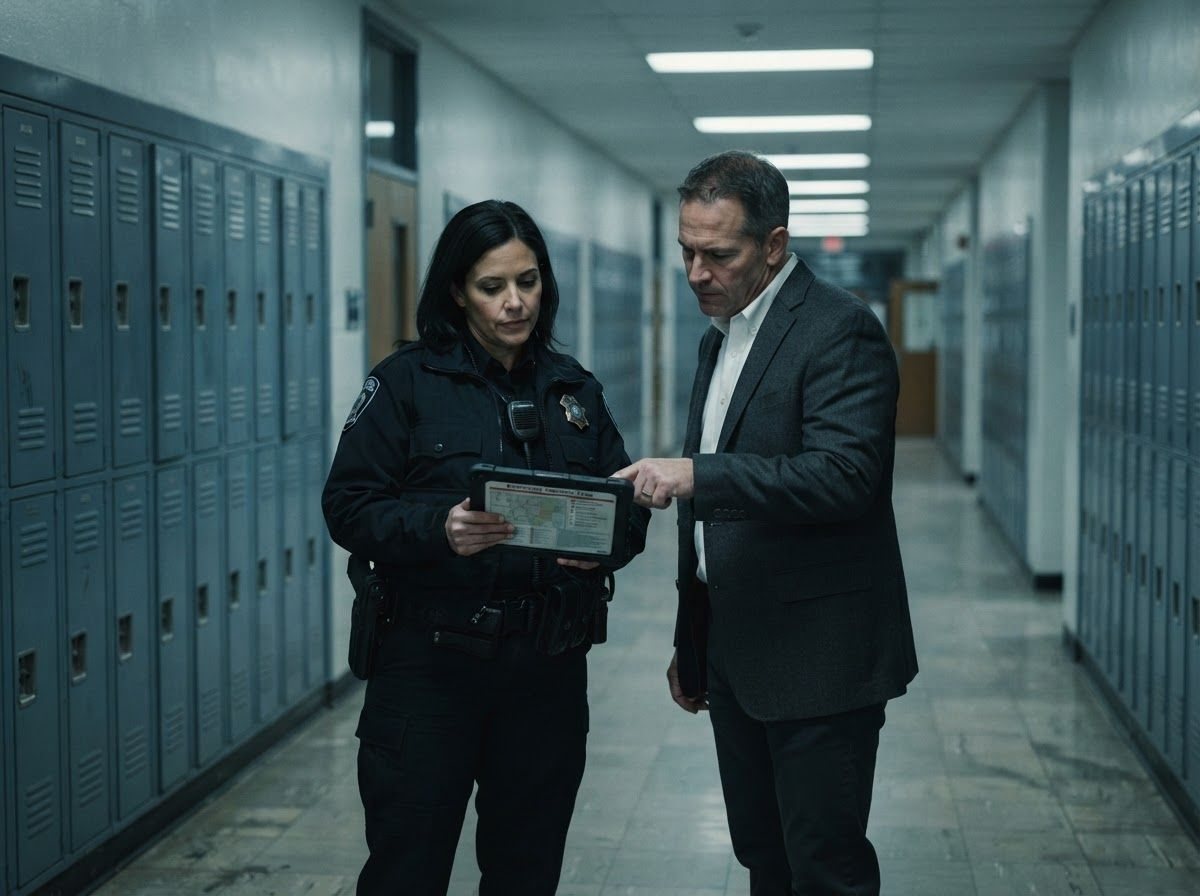 Officer and administrator reviewing a plan in a school corridor