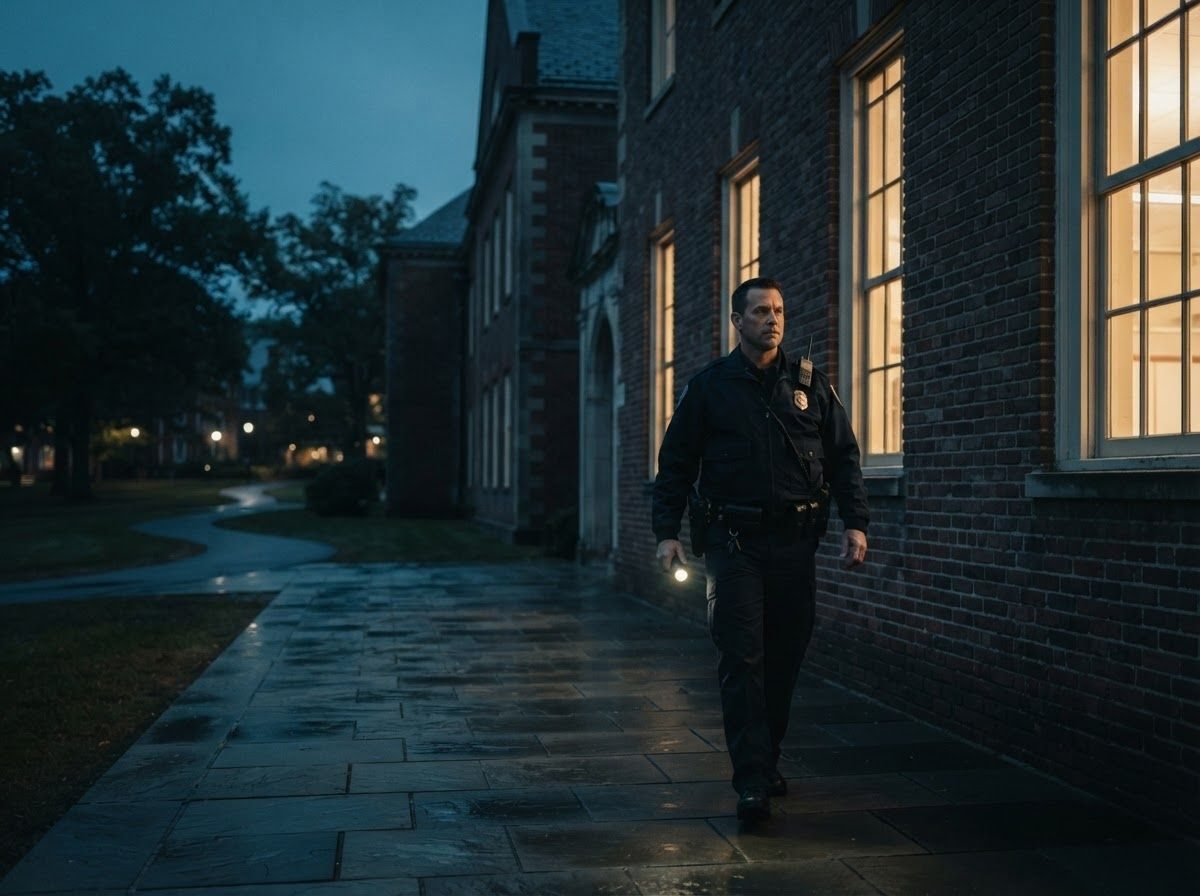Officer patrolling school grounds in the evening