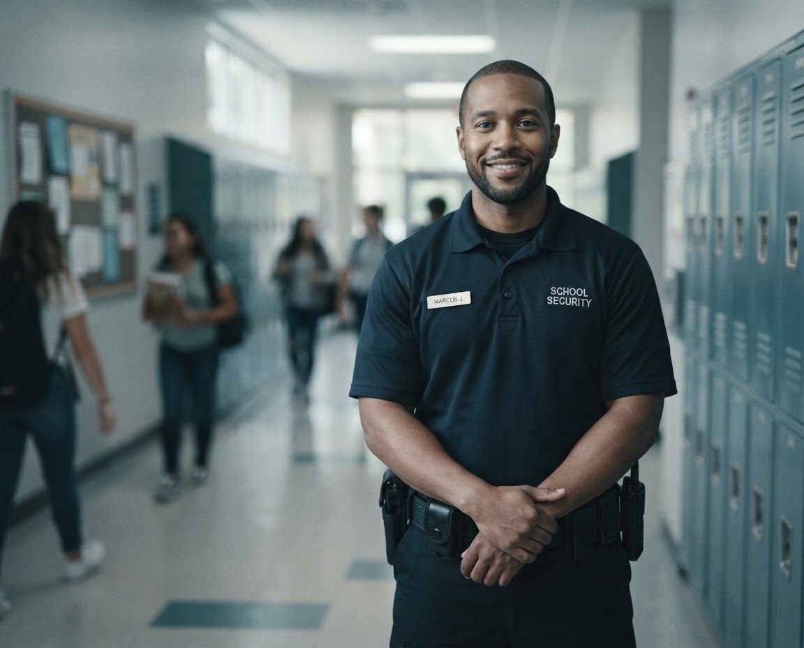 Smiling school security officer in a busy hallway
