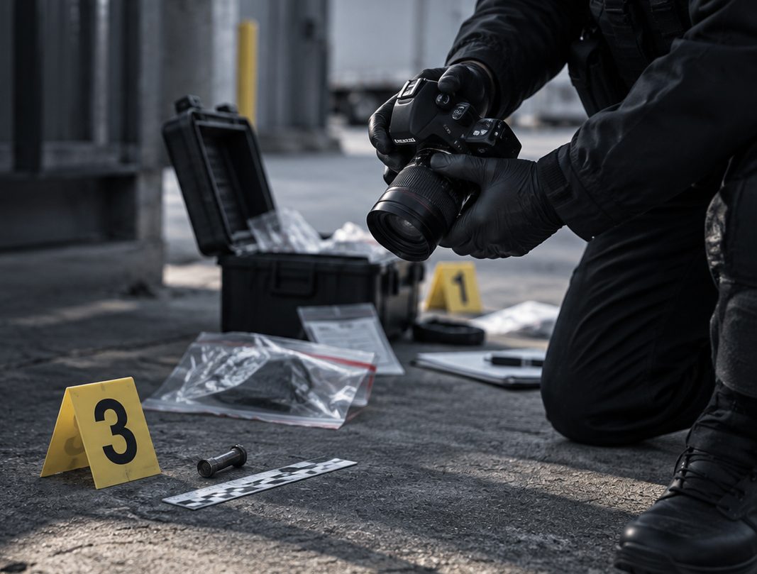 Investigator photographing evidence markers at a scene