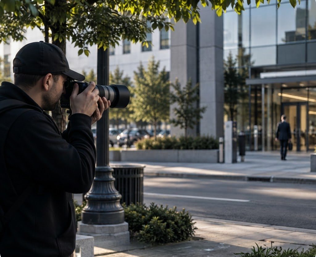 Investigator taking photos from a public sidewalk