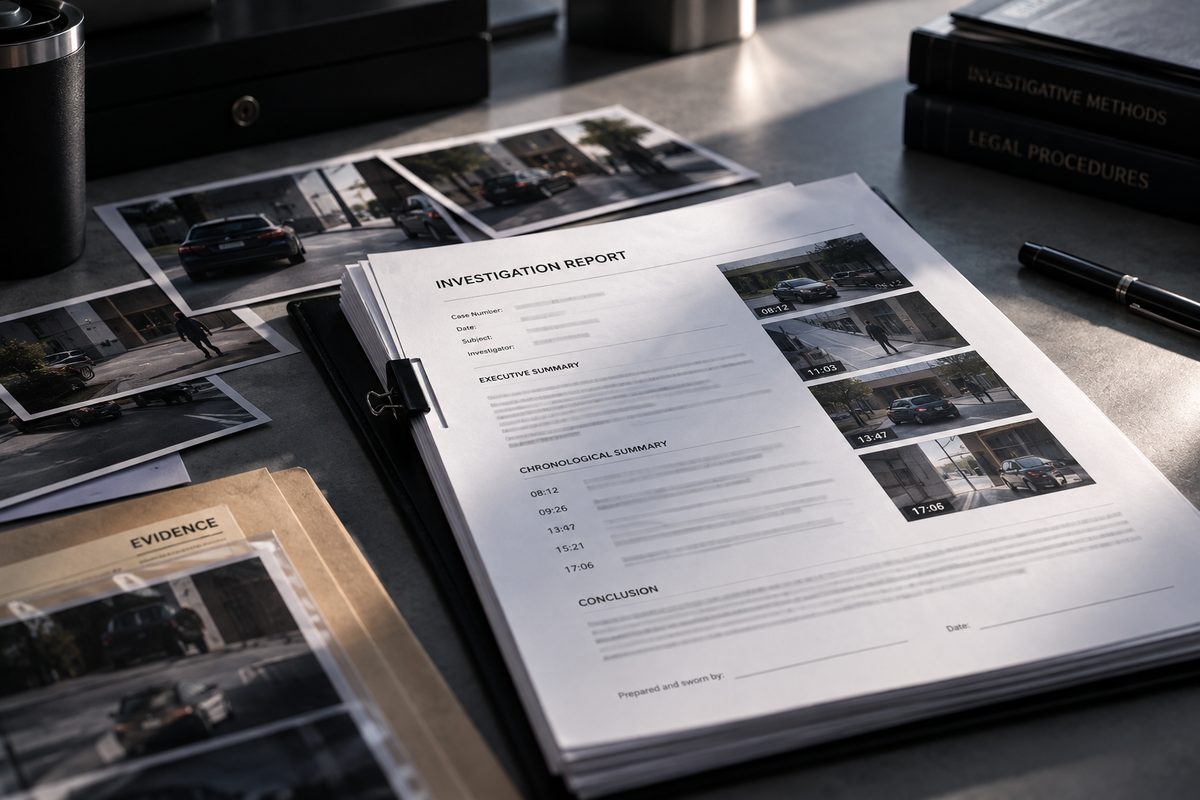 Investigation report with photo evidence on a desk