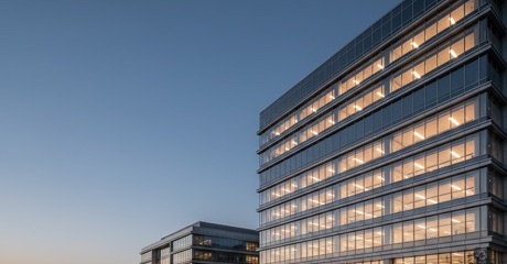 Corporate office building at dusk
